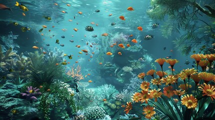 The underwater world is full of exotic fish, beautiful coral reefs are illuminated by the rays of the sun