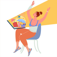 Cute young woman planning trip and buying vacation package online using laptop. Holiday ideas for women. Virtual vacation. Vector flat illustration isolated on white background.