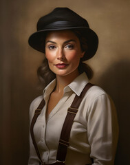 A vintage style portrait of a woman in a hat and suspenders, evoking nostalgia and mystery