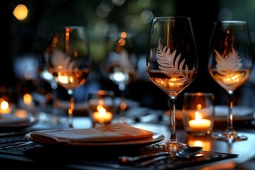 Elegant table setting featuring glasses adorned with white leaf patterns, complemented by soft candlelight.