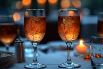 Two elegant glasses decorated with leaf designs, filled with amber beverage, on a romantic table setting.
