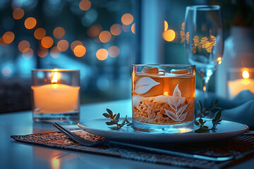 Elegant table setting for a romantic dessert with decorated glassware in a candlelit ambiance.