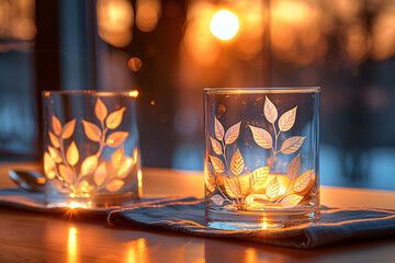 Two decorated glasses on a table, illuminated by warm golden light.