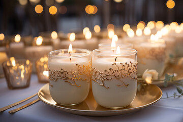 Candlelit table setting with glasses featuring white leaf patterns, soft lighting, and petals.