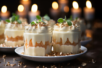 Elegant dessert setup with layered sweets in jars, candles, and bokeh lights in background.