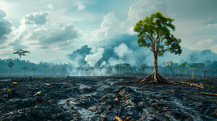 Photo real as Deforestation Dangers concept: Raise awareness about the impacts of deforestation on global warming, showcasing depleted forests, loss of biodiversity, and increased carbon emissions int