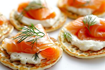 Delicious smoked salmon blinis with cream cheese and fresh dill on white background