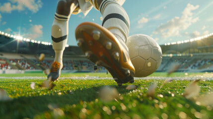 Professional soccer player kicking the ball on the stadium background, close-up of the foot and...