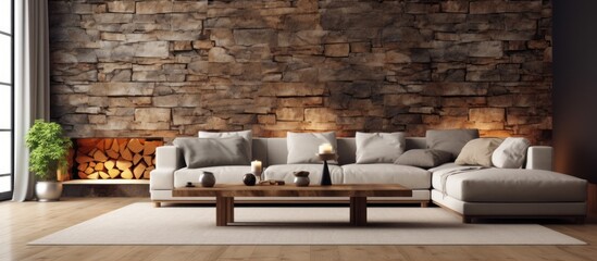 living room decoration with natural stone walls