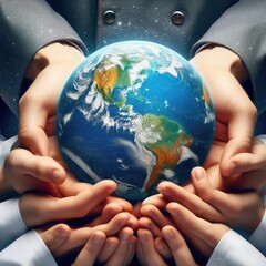 People's Hands holding planet earth World Population Day isolated on a white background