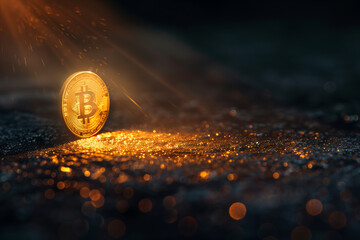 Bitcoin Coin Illuminated by Sparkling Light Rays on Textured Surface