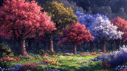 colorful flower field in the forrest in night  spring meadow with flowers and tree blossom with sky in nature background