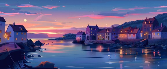A picturesque coastal village at dusk, illuminated buildings, calm waters, Background Banner HD