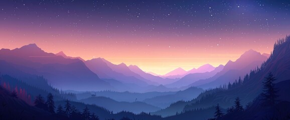A picturesque mountain pass at dusk, starry sky, misty peaks, Background Banner HD