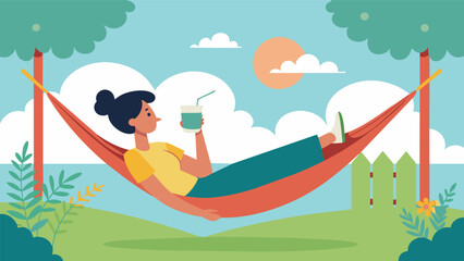 Lounging in a hammock in their backyard feeling the gentle breeze on their face as they sip on a protein shake.. Vector illustration