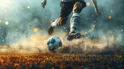 Soccer player in action on the stadium, kicking the ball for a goal, with motion blur and dust particles around. A concept of sport competition.