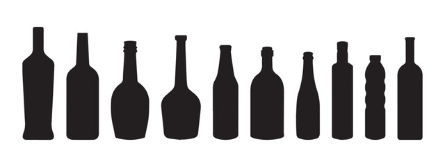 Set of bottles with alcohol. Black silhouette of a vessel for various types of drinks. Wine, beer, rum, whiskey, liquor, cognac. Black illustration on white background.