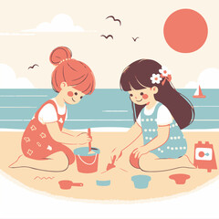 Two Girls Playing Sand on the Beach