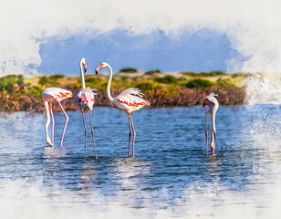 Elegant flamingos wade in tranquil waters, their graceful reflections mirrored on the surface. Lush greenery provides a serene backdrop