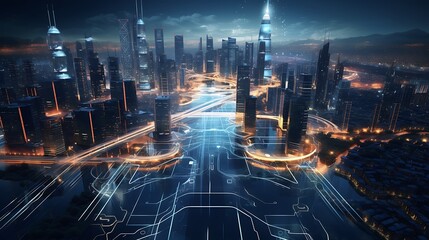 Fototapeta premium An aerial view of a modern city illuminated at night, with traces of traffic lights and futuristic buildings