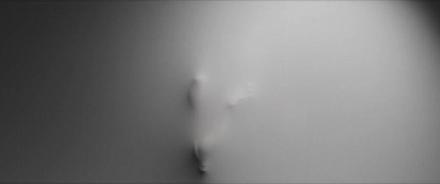A Skinny woman's body and arms shapes appear from the white wall