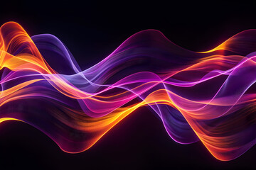 Abstract neon waves with orange and purple glowing bands. Mesmerizing neon artwork.