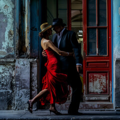 Elegant Tango Dancers in Passionate Pose by Vintage Building