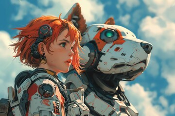 In a towering mecha, a determined girl with fiery red hair pilots, accompanied by her loyal robot dog. With doglike features, the mecha exudes an anime aesthetic, blending companionship seamlessly.