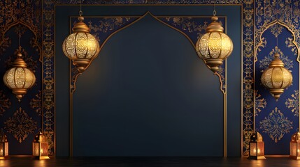 Islamic background - Illuminated lanterns adorn an ornate arabesque archway