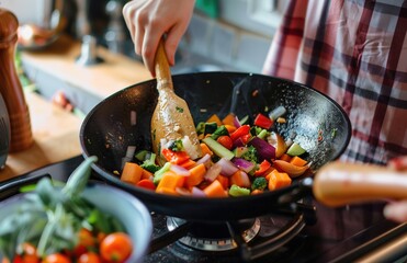 Close up of hands cooking vegetables in a wok on a stove at home, a woman preparing healthy food for dinner or lunch using a wooden spoon to mix colorful vegetables with Asian herbs and spices