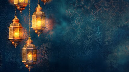 Islamic background - Illuminated lanterns casting a warm glow on an ornate backdrop