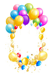 Colorful and golden festive holiday balloons frame on a transparent background without background. Holiday card template banner design