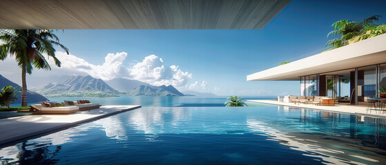 Obraz premium Infinity Pool Overlooking the Ocean, Luxurious Summer Retreat with Panoramic Views