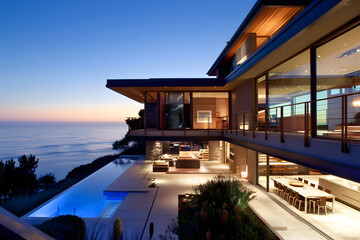 Obraz premium Modern contemporary illuminated house design exterior. Luxurious new construction home with panoramic windows, pool, patio