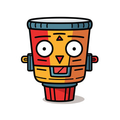 Cartoon coffee cup character smiling isolated white background. Happy anthropomorphic coffee cup red yellow colors cartoon style. Cheerful mug face, big eyes, tongue out