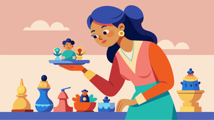 A woman carefully inspected a collection of miniature figurines thrilled to have found additions for her porcelain collection.. Vector illustration