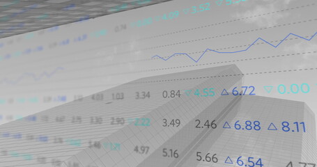 Digital composition of stock market data processing against tall buildings in background