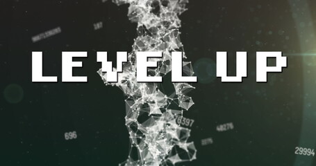 Image of level up text over data processing on black background