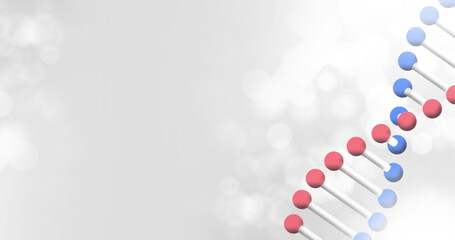 Image of dna strand spinning over white lights on white background, copy space