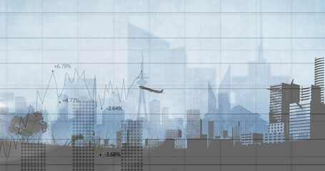 Image of statistics and data processing over airplane taking off and cityscape