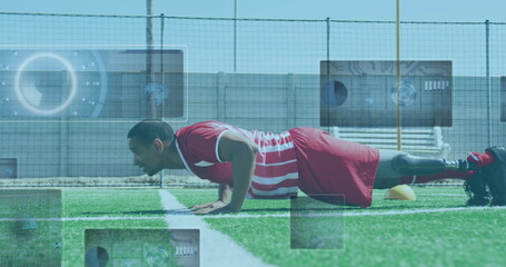 Image of scopes and data processing over male football player with prosthetic leg doing push ups