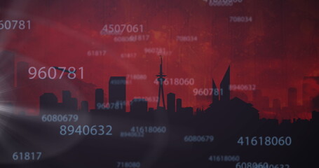 Image of numbers processing over airplane taking off and cityscape on red background