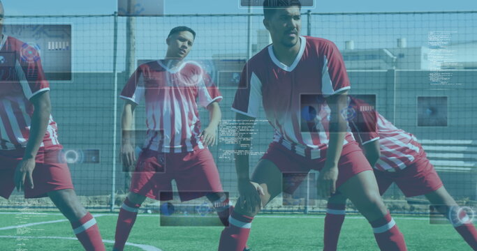 Image of scopes and data processing on screens over male football players warming up