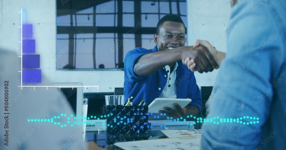 Poster digital composite image of statistical data processing against businesspeople shaking hands