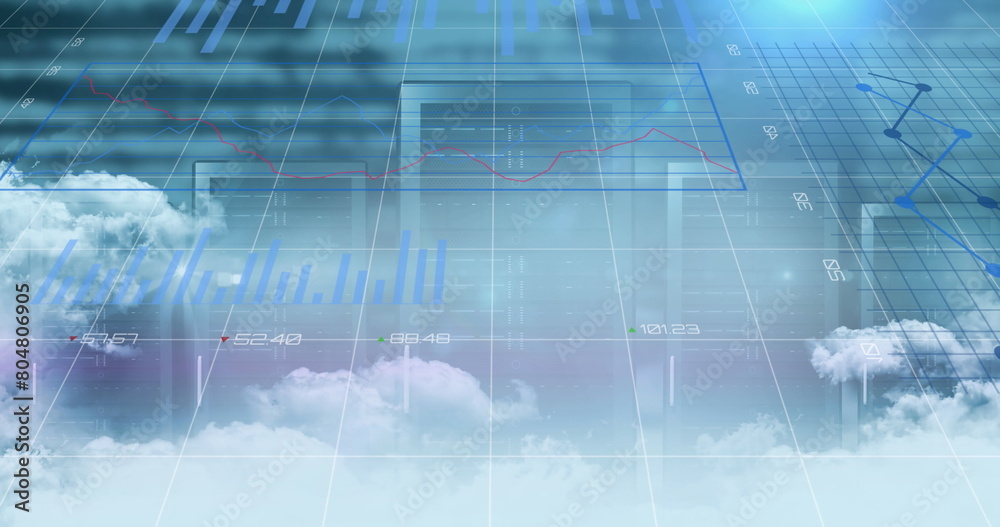 Poster digital image of statistical data processing over clouds against computer servers