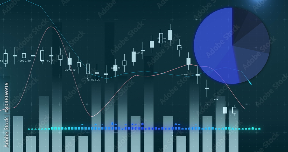 Poster digital image of financial and statistical data processing against green background