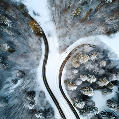 Aerial view of a curving road cutting through a snow-blanketed forest landscape