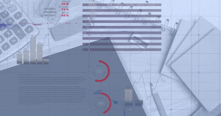Digital composite image of statistical data processing against office equipment on desk