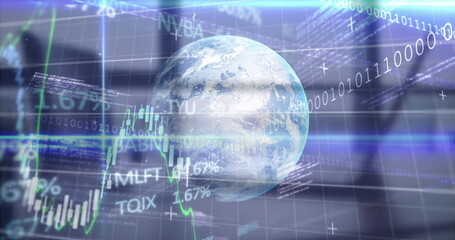 Image of financial data processing over globe
