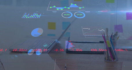 Digital composite image of statistical data processing against office equipment on desk